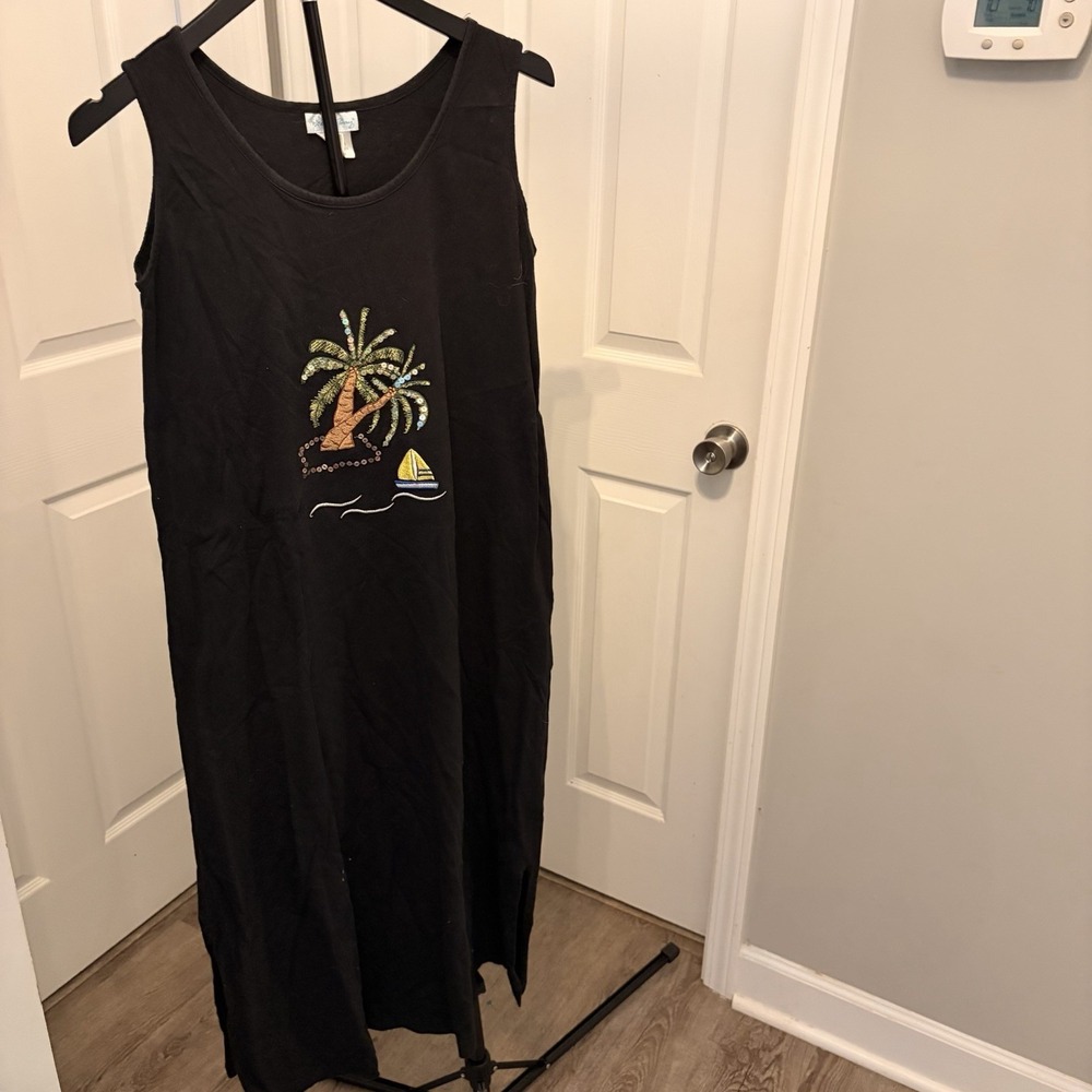 Coral Bay Vintage 90s Tank Dress Sm Embroidered Palm Tree Cruise Boho Casual EUC